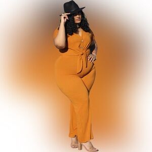 Women's Mustard Brown Jumpsuit - Faux Tie Front - Plus Size Tall Girl Friendly
